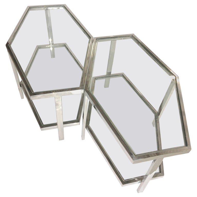 Pair of Chrome and Glass Hexagonal Two-Tier Side Tables For Sale