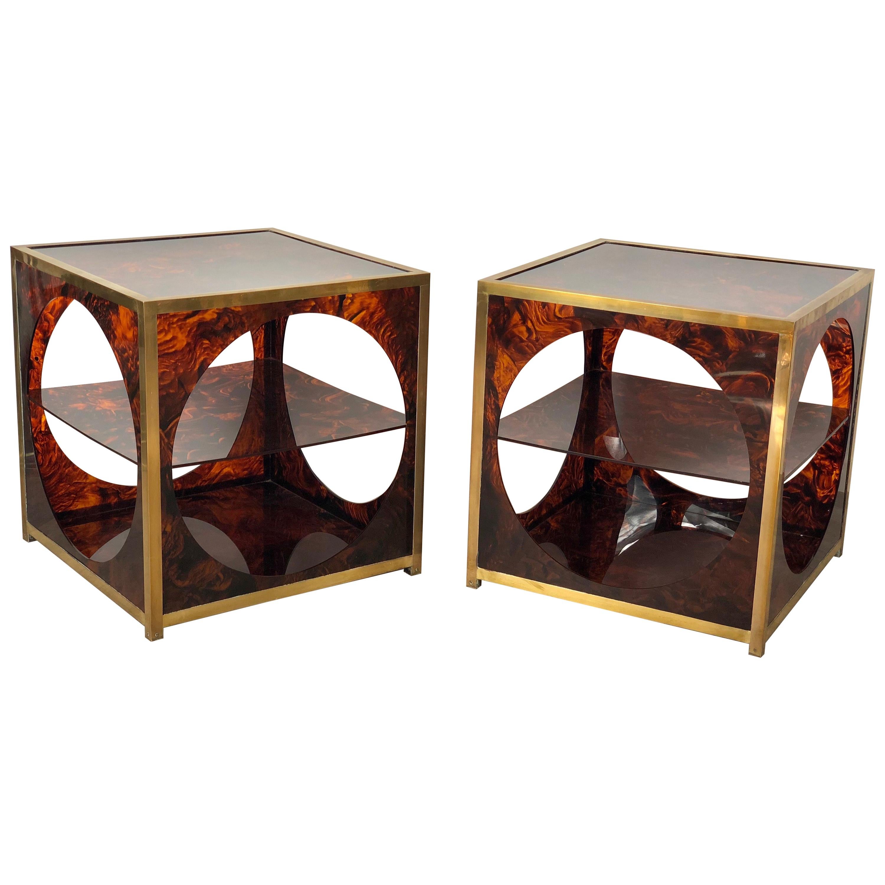 French Tortoiseshell Brass Coffee Side Tables in Christian Dior Style, 1970s