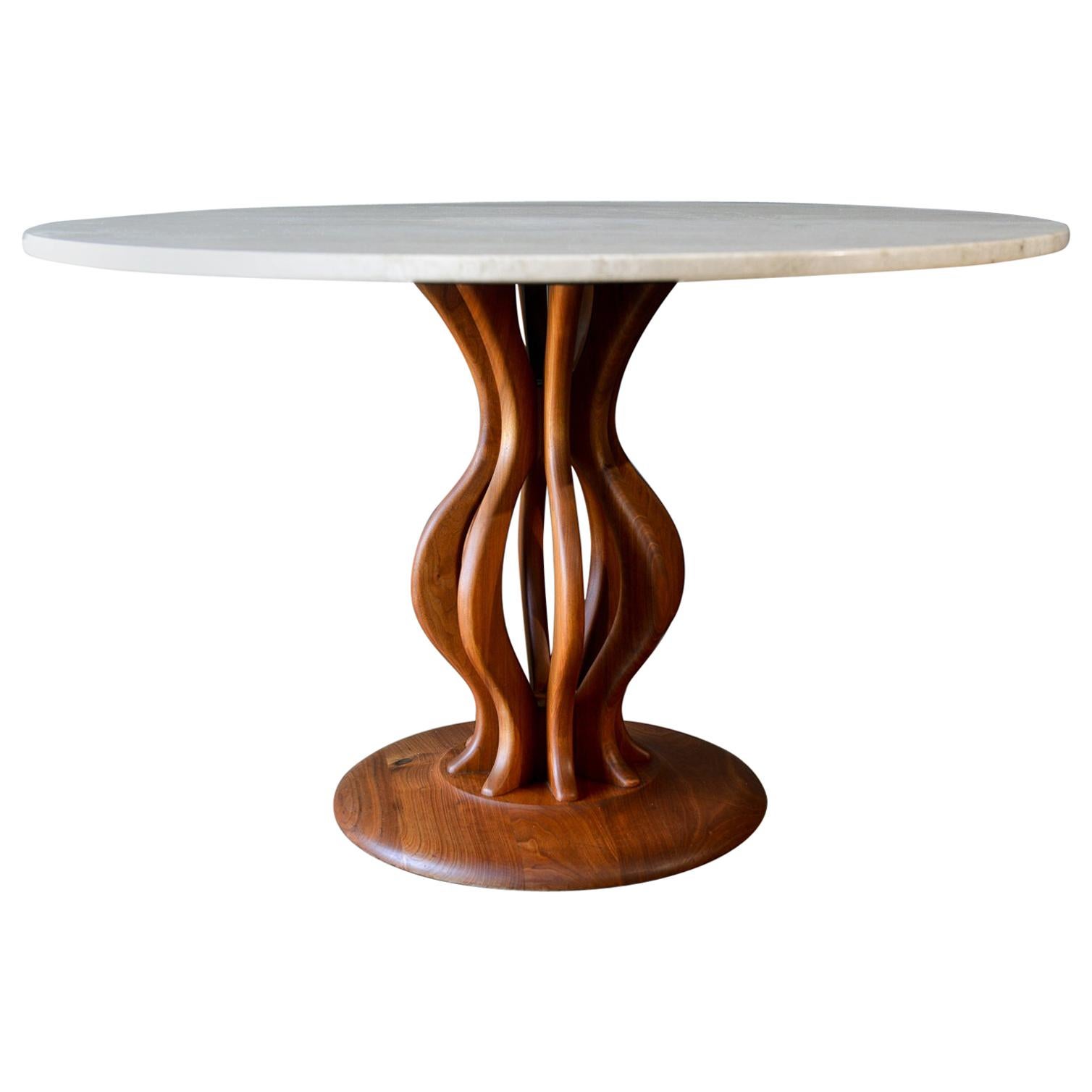 Travertine and Sculpted Walnut Dining or Bistro Table, circa 1970