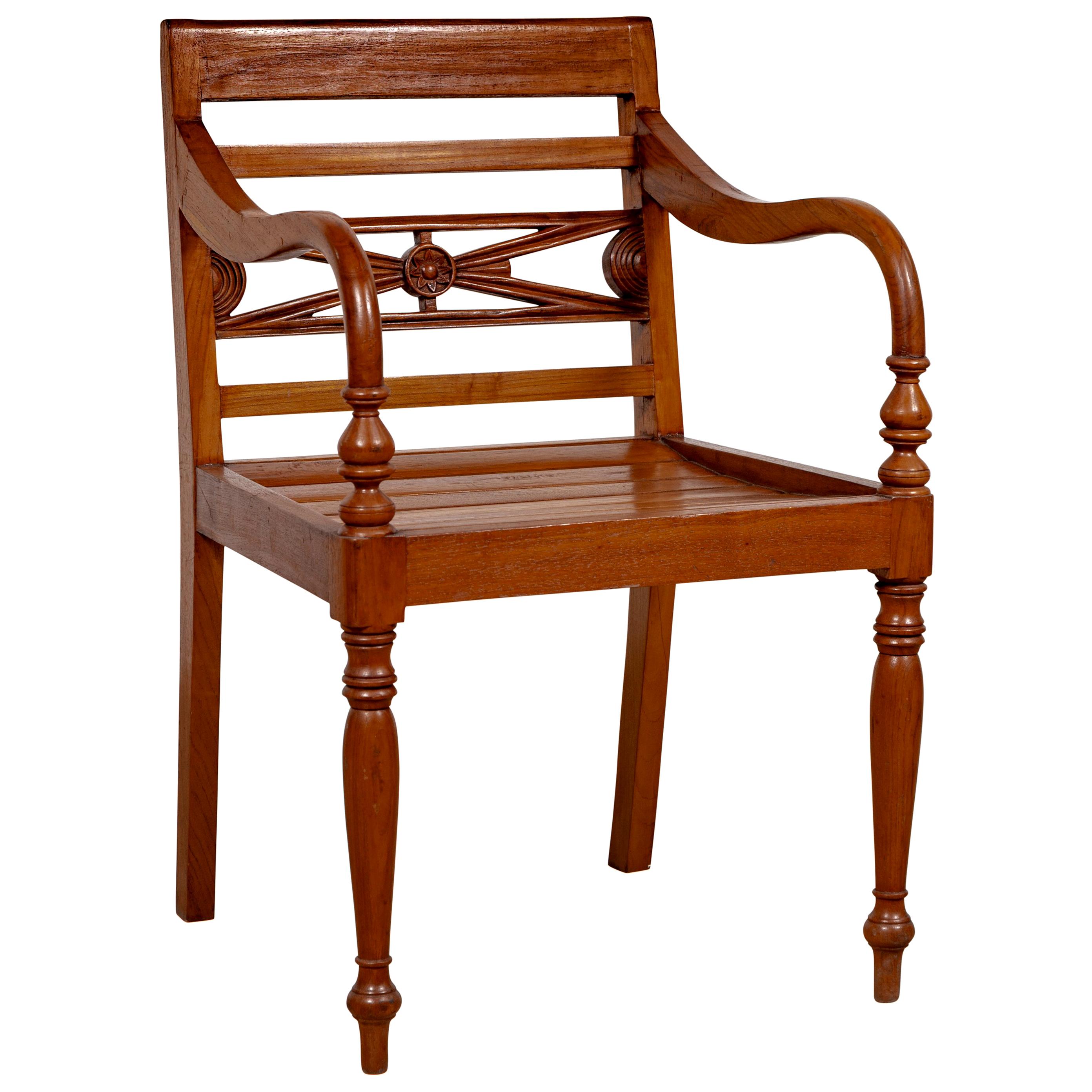Early 20th Century Captain's Chair from Bali with Slatted Wood and Loop Arms For Sale