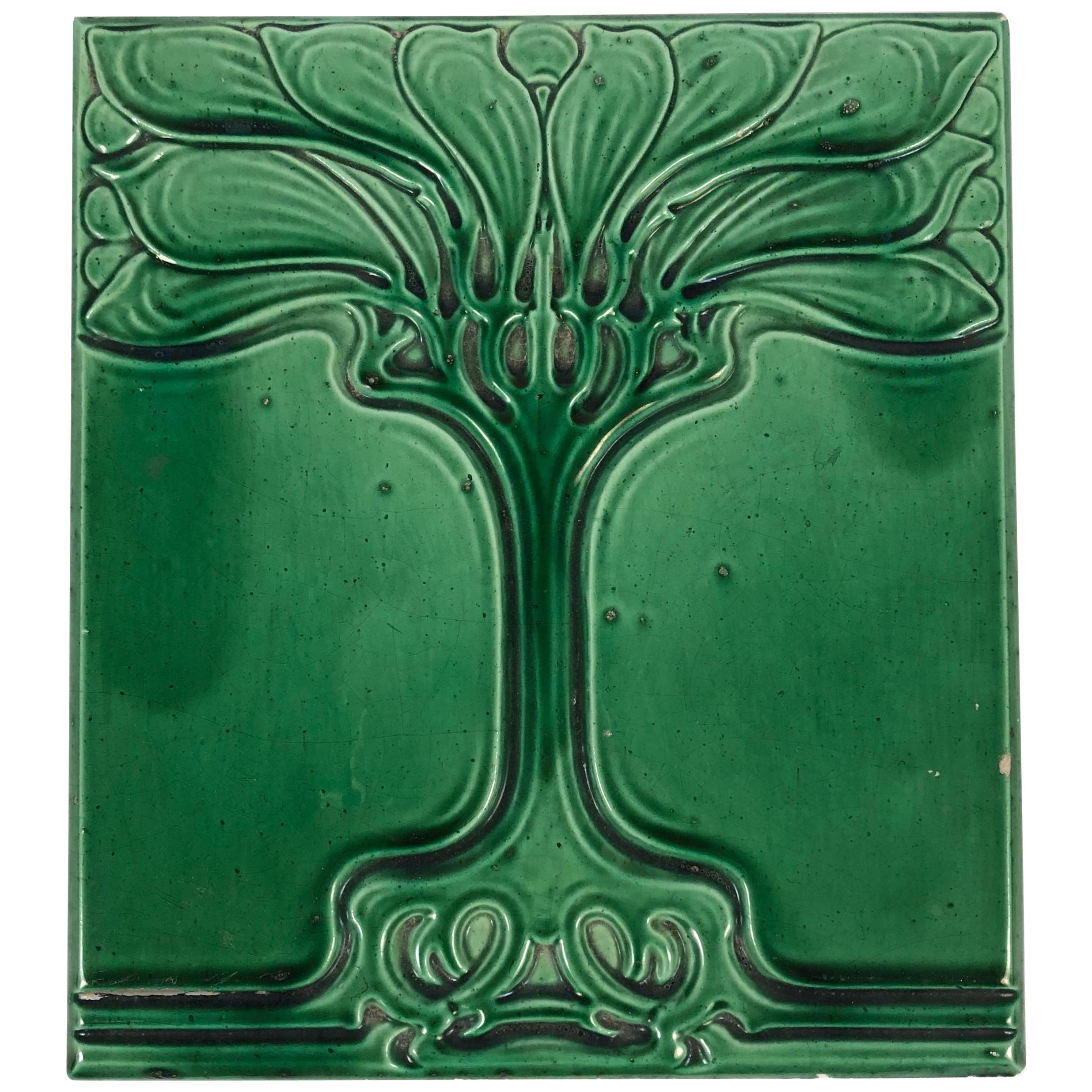 Art Nouveau Emerald Green Glazed Tree Ceramic Tile