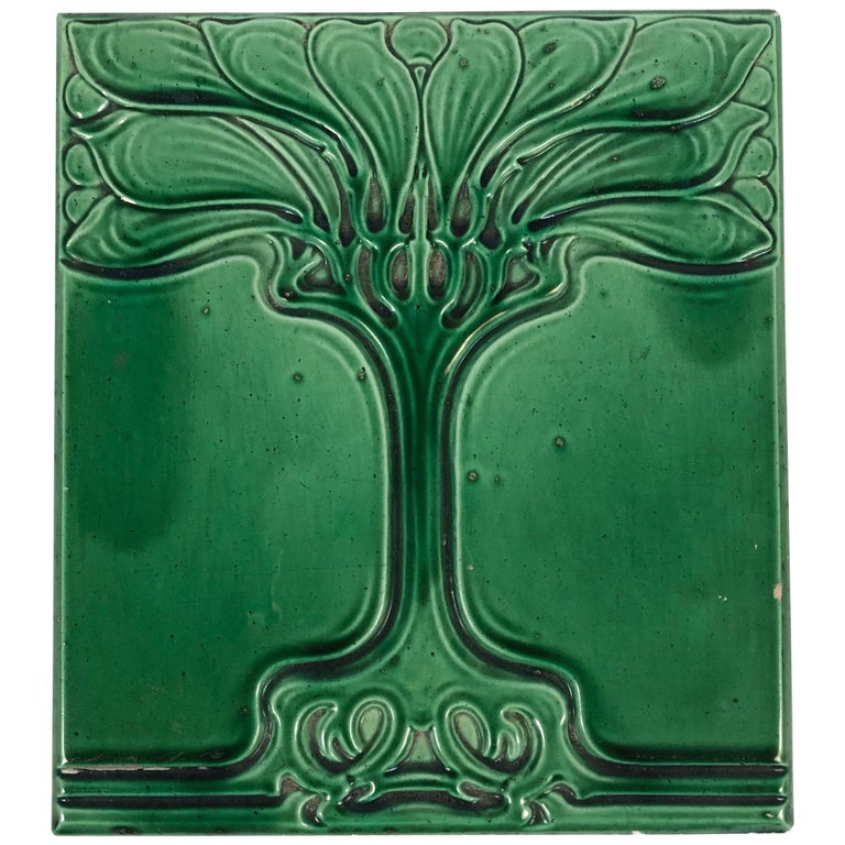 Art Nouveau Emerald Green Glazed Tree Ceramic Tile at 1stDibs