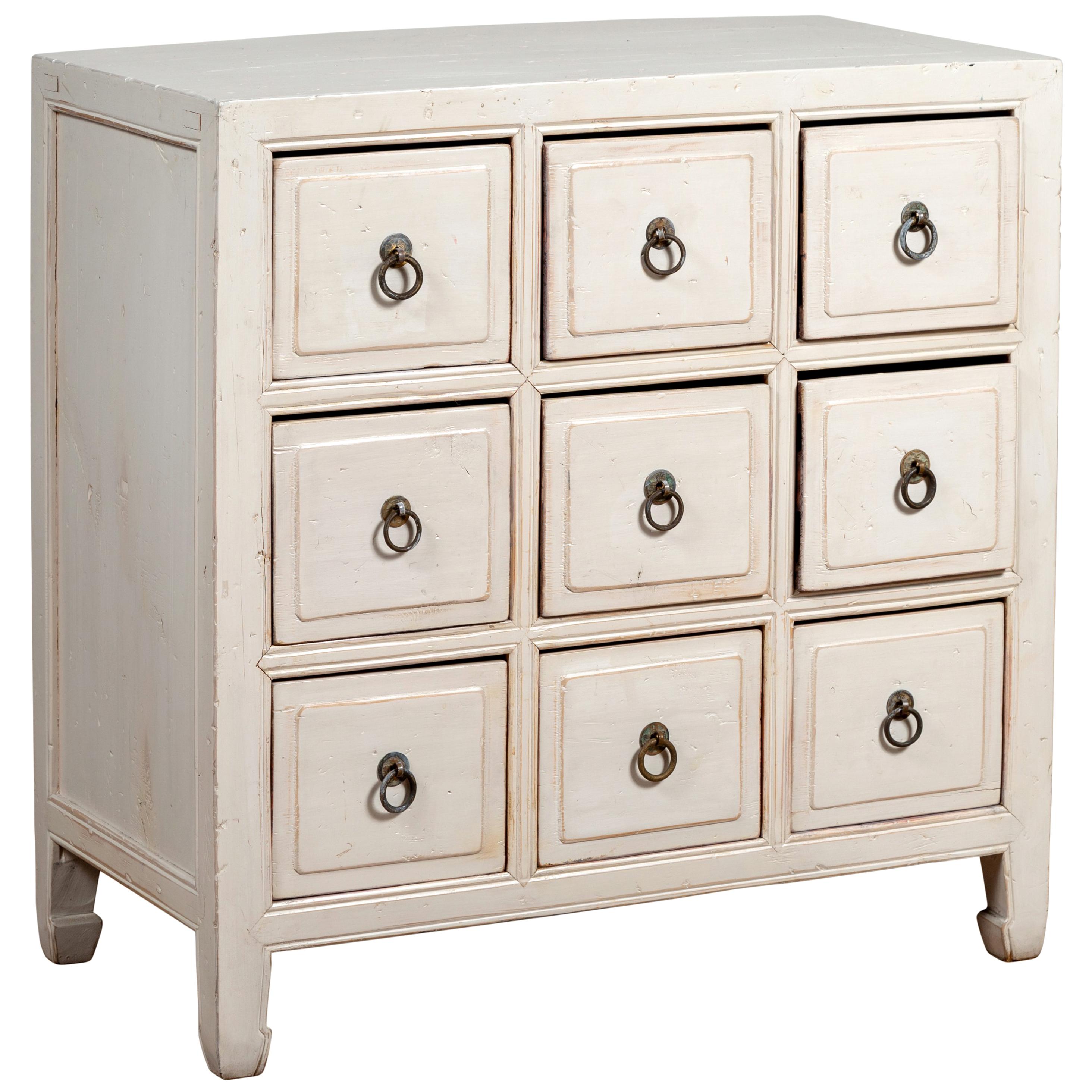 Chinese Vintage White Painted Wood Nine-Drawer Apothecary Chest, circa 1950