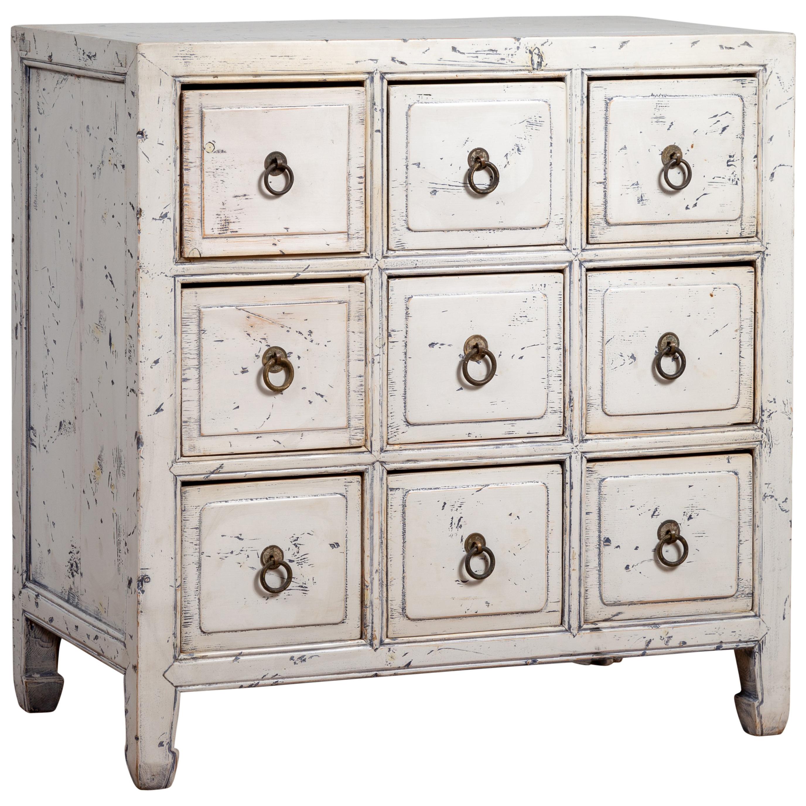 Chinese 1950s White Painted Nine-Drawer Apothecary Chest with Distressed Finish