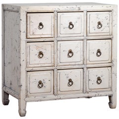 Vintage Chinese 1950s White Painted Nine-Drawer Apothecary Chest with Distressed Finish