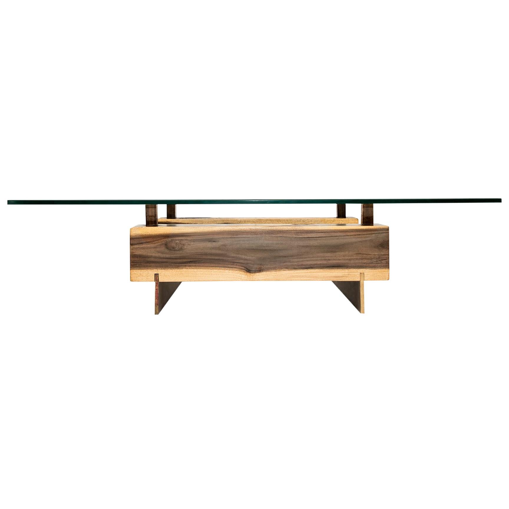 Customizable Blue Mahoe and Brass Base Low Coffee Table For Sale