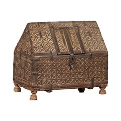 Antique Petite Indian 19th Century House-Shaped Money Box with Carved Geometric Décor