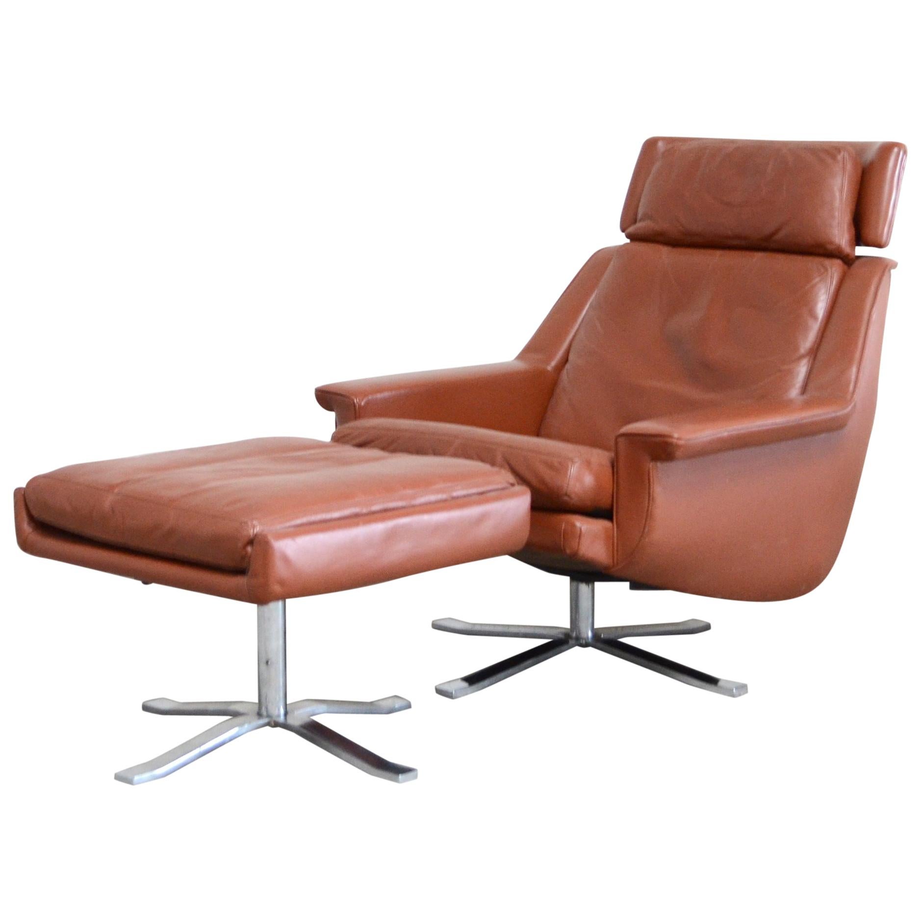 Esa Esa, Modell 802, dänischer Loungesessel und Ottomane aus Leder von Werner Langenfeld, 1960