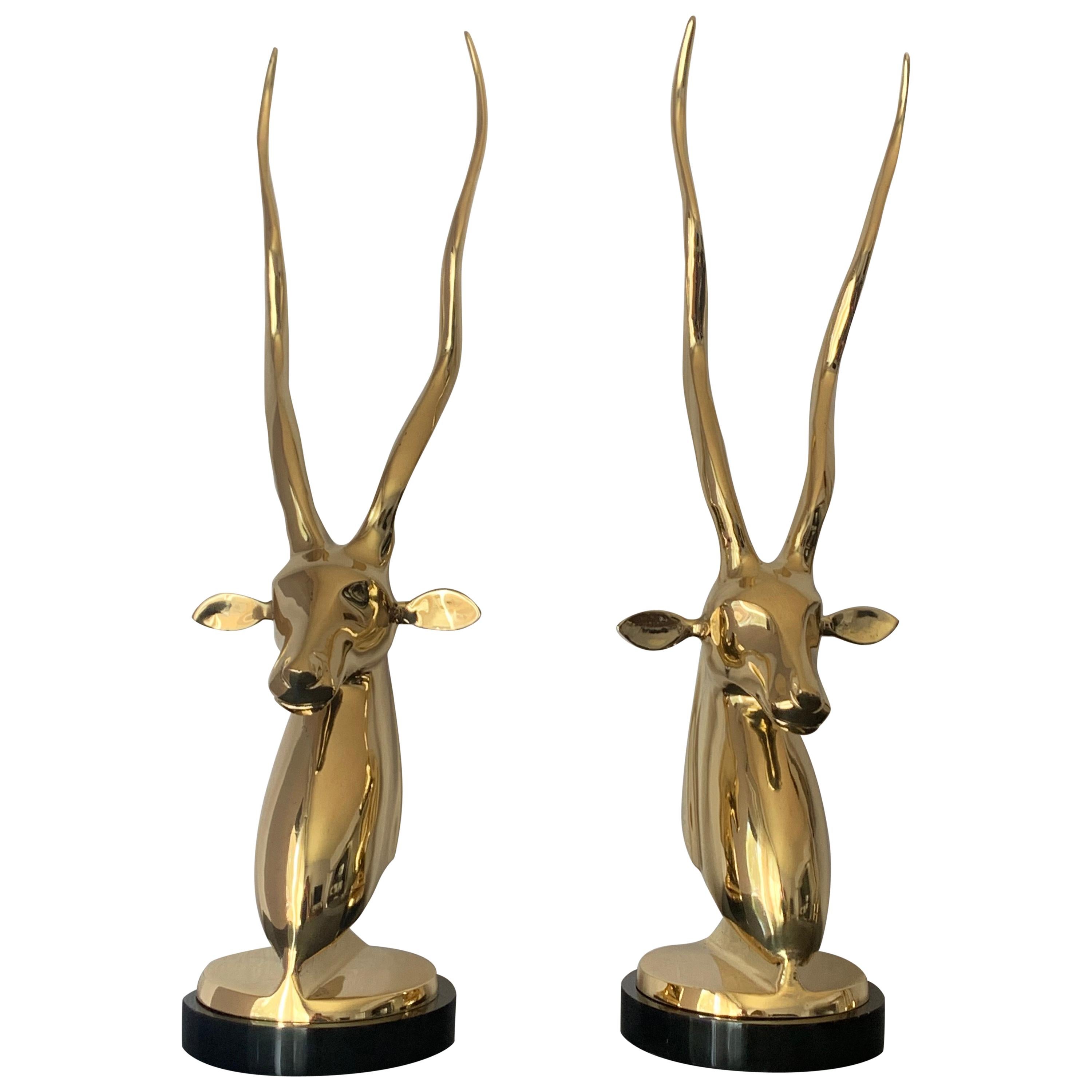 Pair of Brass Kudu or Antelope Busts