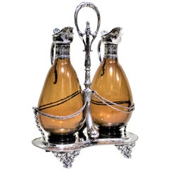 Victorian Silver Plated Tantalus or Sherry Stand with Amber Glass Bottles