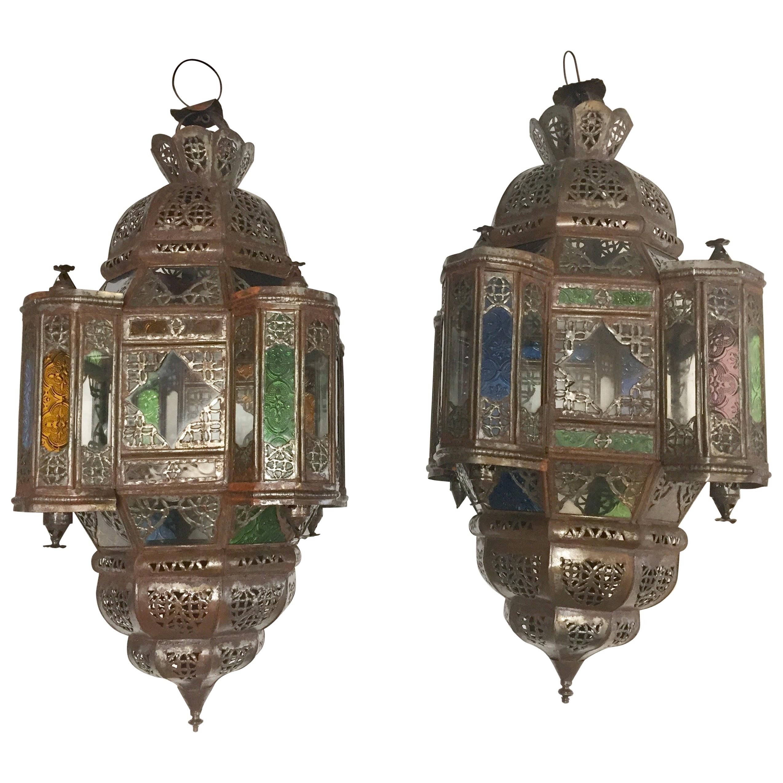 Pair of Moroccan Moorish Metal Lantern with Clear and Colored Glass