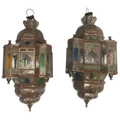 Vintage Pair of Moroccan Moorish Metal Lantern with Clear and Colored Glass