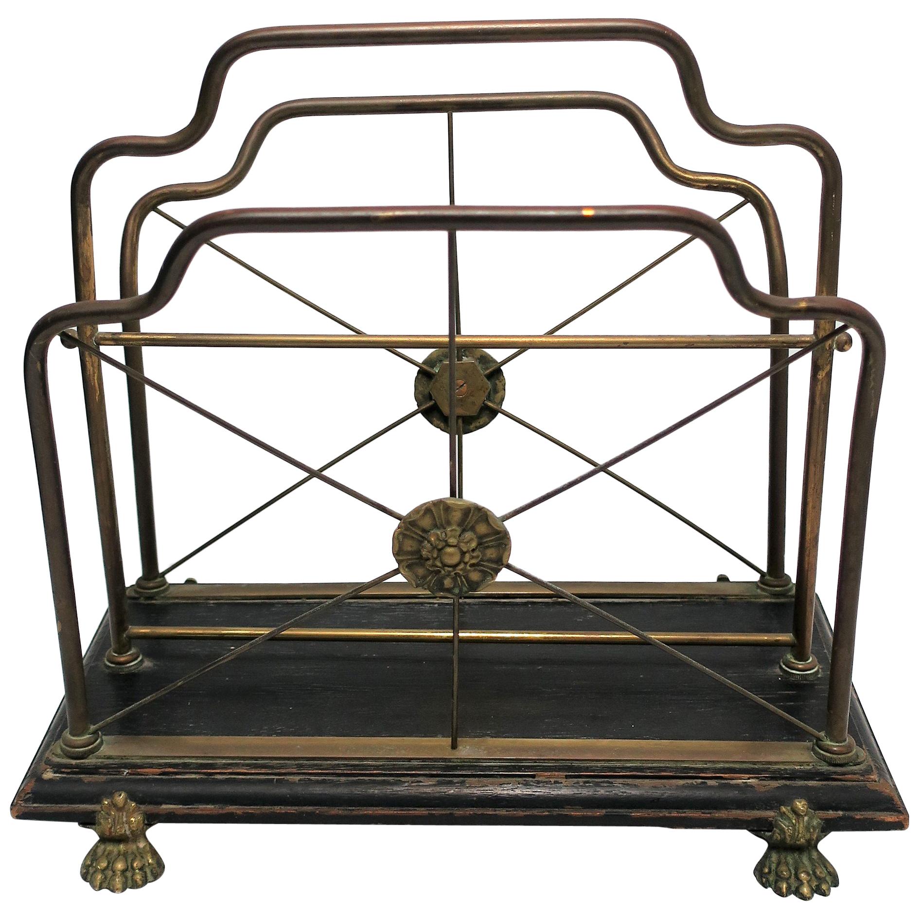 Regency Brass and Black Lacquer Magazine Rack