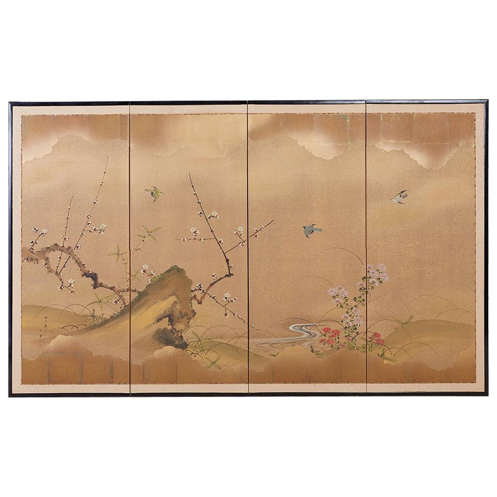 Early Showa Japanese Four Panel Screen Flora and Fauna