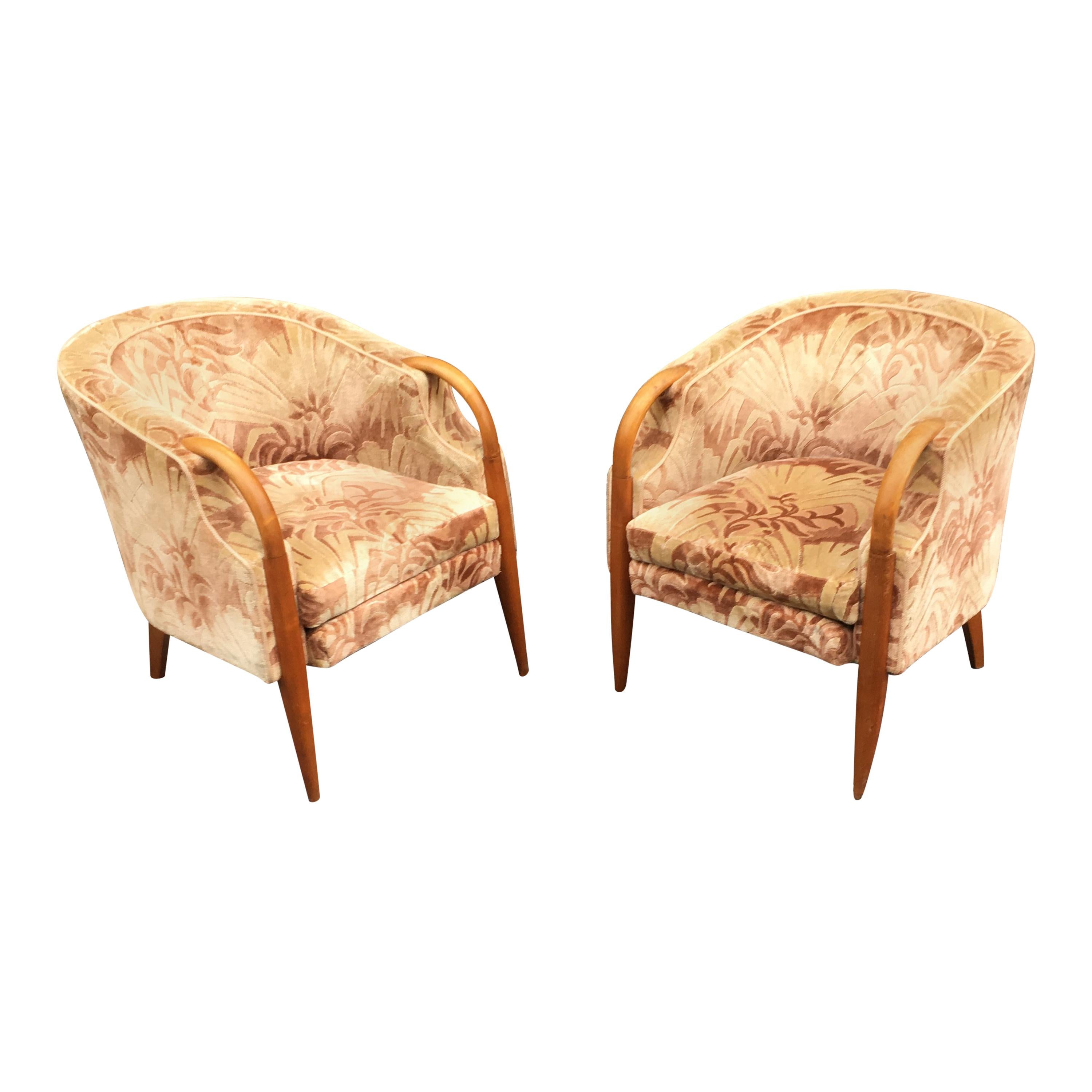 Pair of Art Deco Armchairs in Walnut and Velvet, circa 1930 For Sale