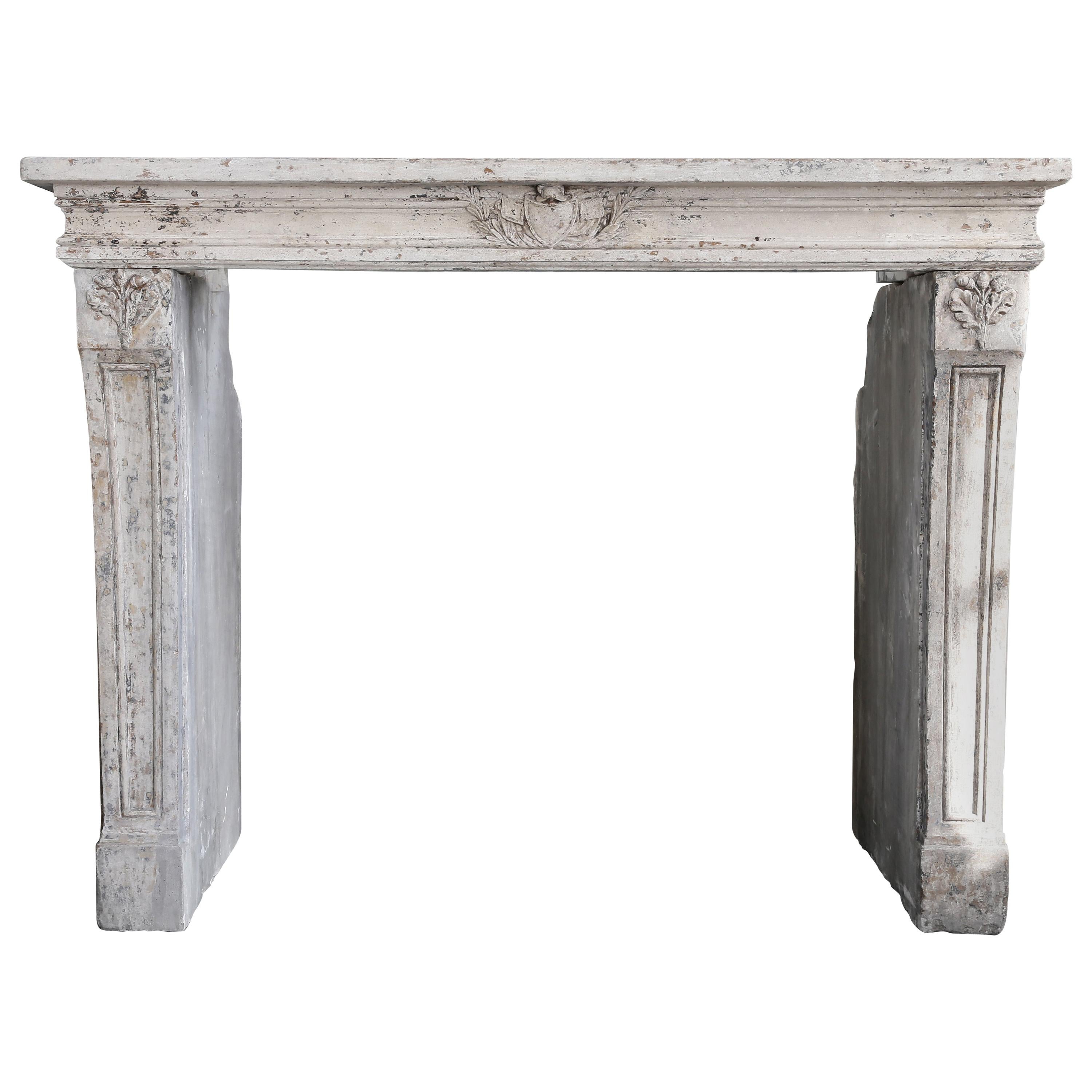 Antique Fireplace of French Limestone, Louis XVI Style, 19th Century
