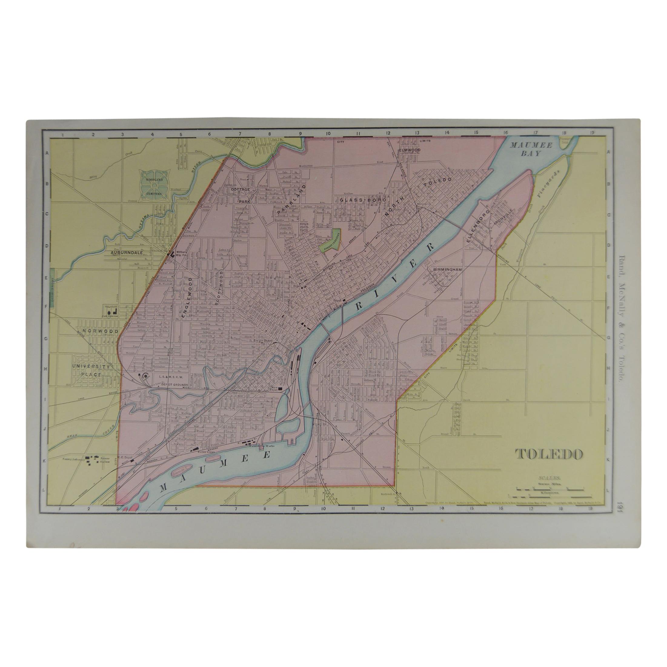 Original Antique City Plan of Toledo, Ohio USA, circa 1900