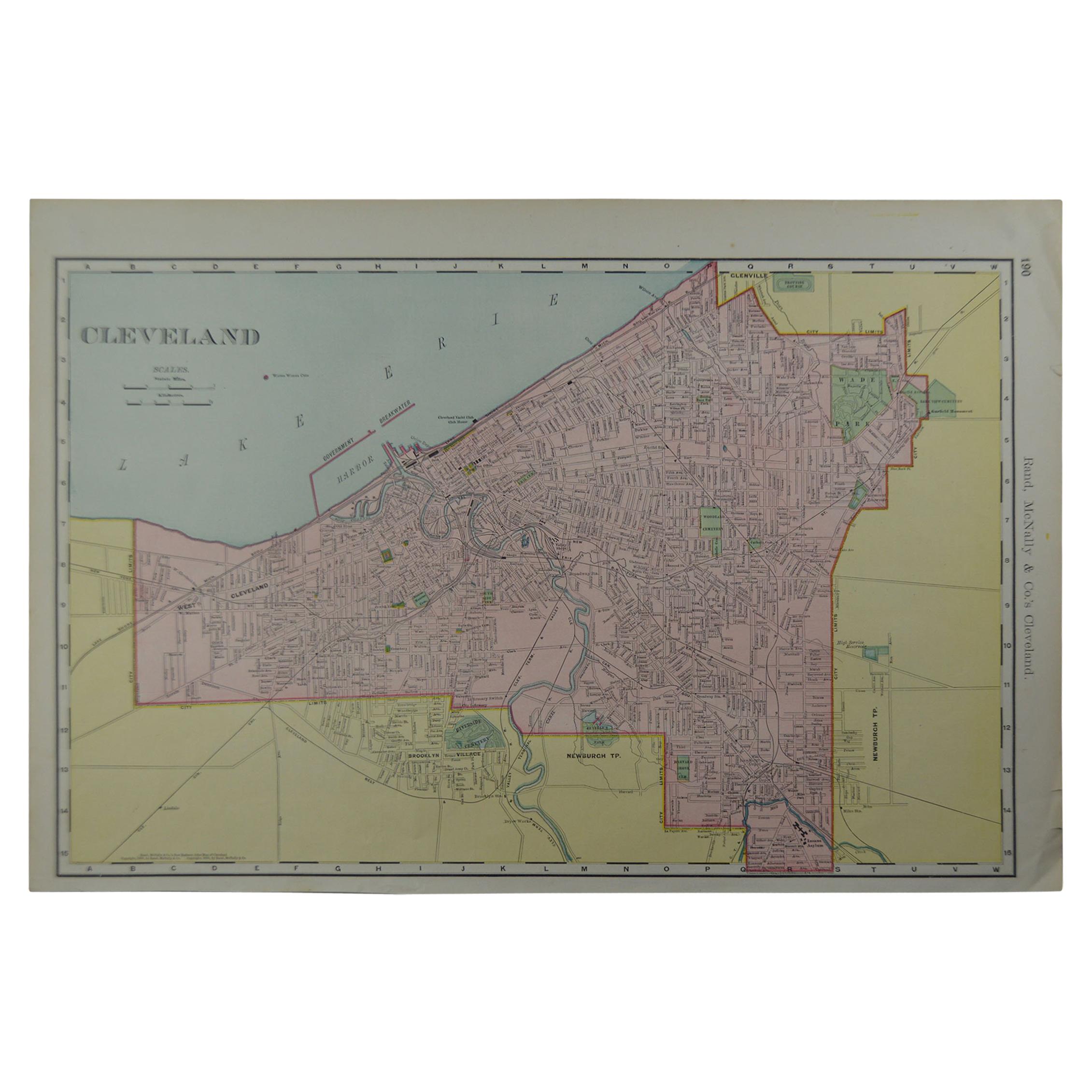 Original Antique City Plan of Cleveland, Ohio USA, circa 1900