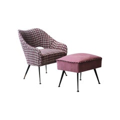 Vintage Mid-Century Modern Pink Velvet Tweed Brass Italian Armchair with Footrest, 1950