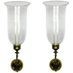 Antique 19th Century Brass Scroll Hand Blown Glass Hurricane Sconces, Pair