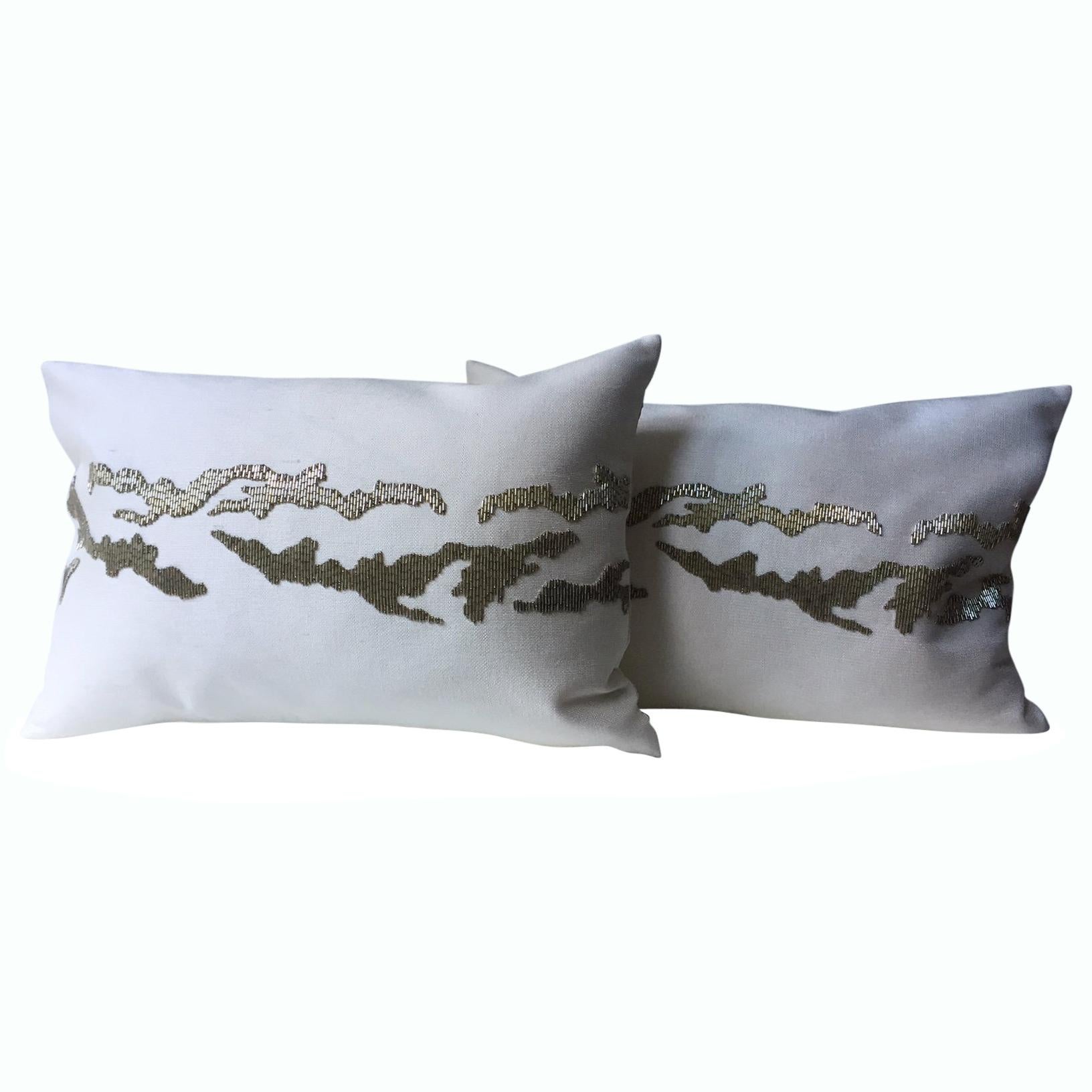 Contemporary Hand Embroidered Cushions with Silver Beading on Silk Color Oyster