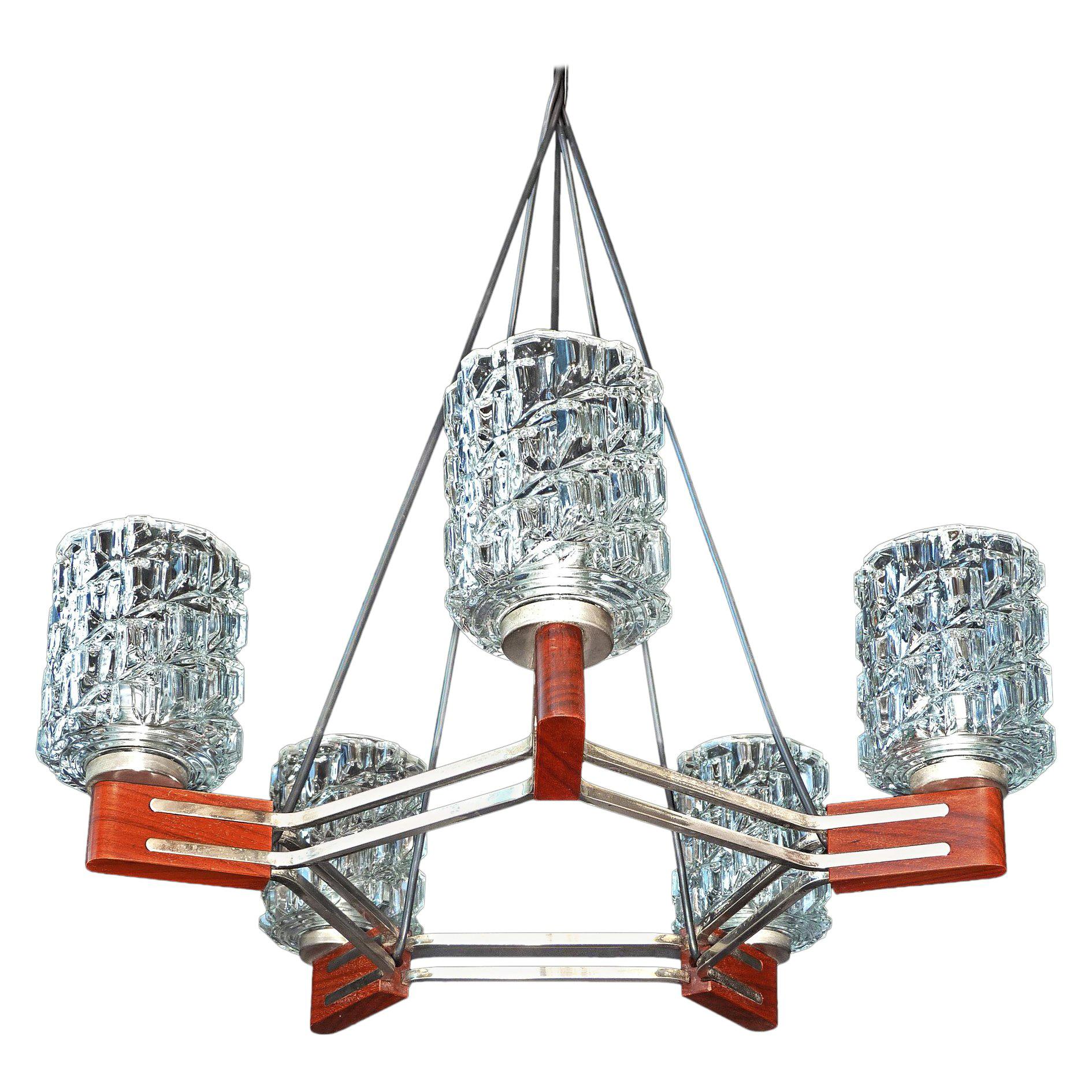 Mid-Century Modern Chrome Ceiling Lamp/Danish Teak Style Pendant Wood Chandelier
