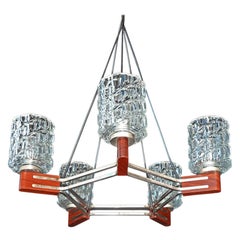 Mid-Century Modern Chrome Ceiling Lamp/Danish Teak Style Pendant Wood Chandelier