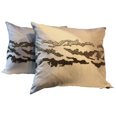 Contemporary Hand Embroidered Cushions with Silver Beading on Silk Color Oyster