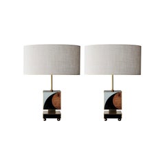 Contemporary Cubic Gold Black Brown Brass Wood Spanish Pair of Table Lamp, 2016