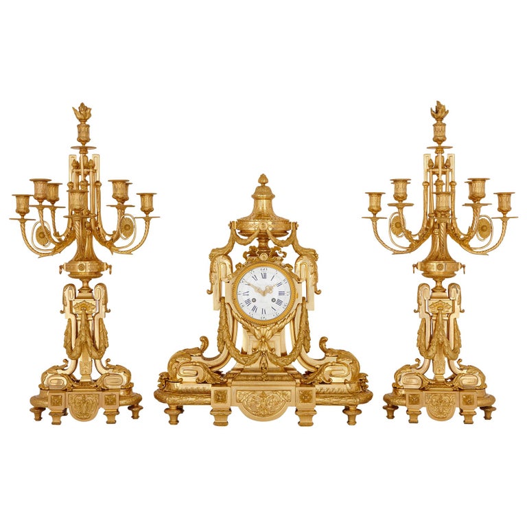 Antique French Gilt Bronze Clock Set by Royer For Sale at 1stDibs