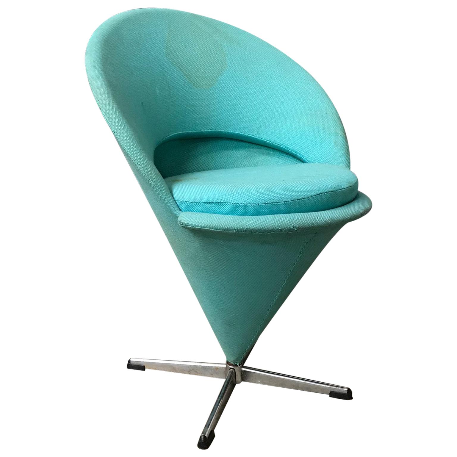 1958, Verner Panton for Rosenthal, Cone Chair in Original Turquoise Fabric