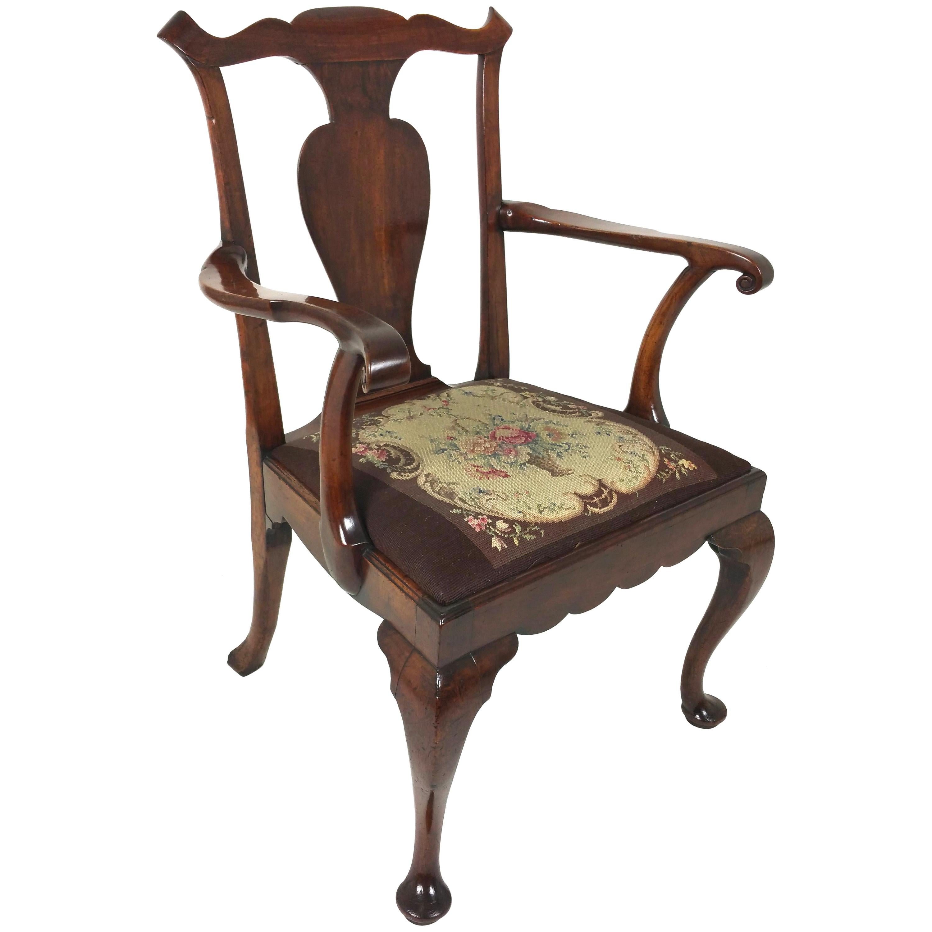 18th Century Solid Walnut Splat Back Elbow Chair