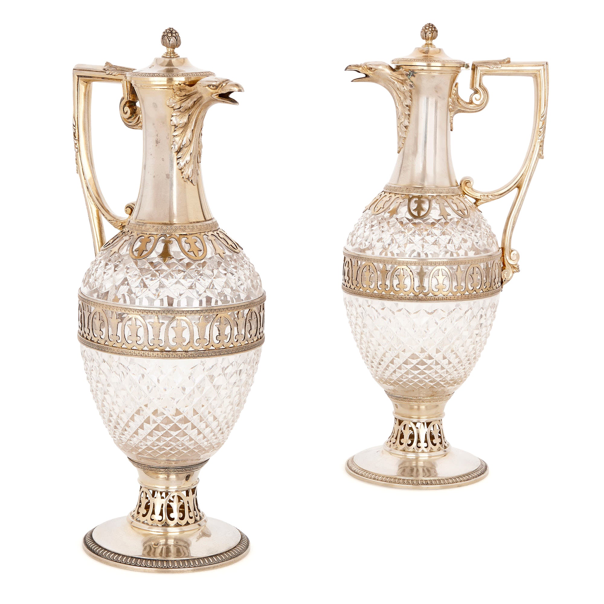Two Silver Mounted Engraved Glass Wine Jugs by Gross For Sale at 1stDibs