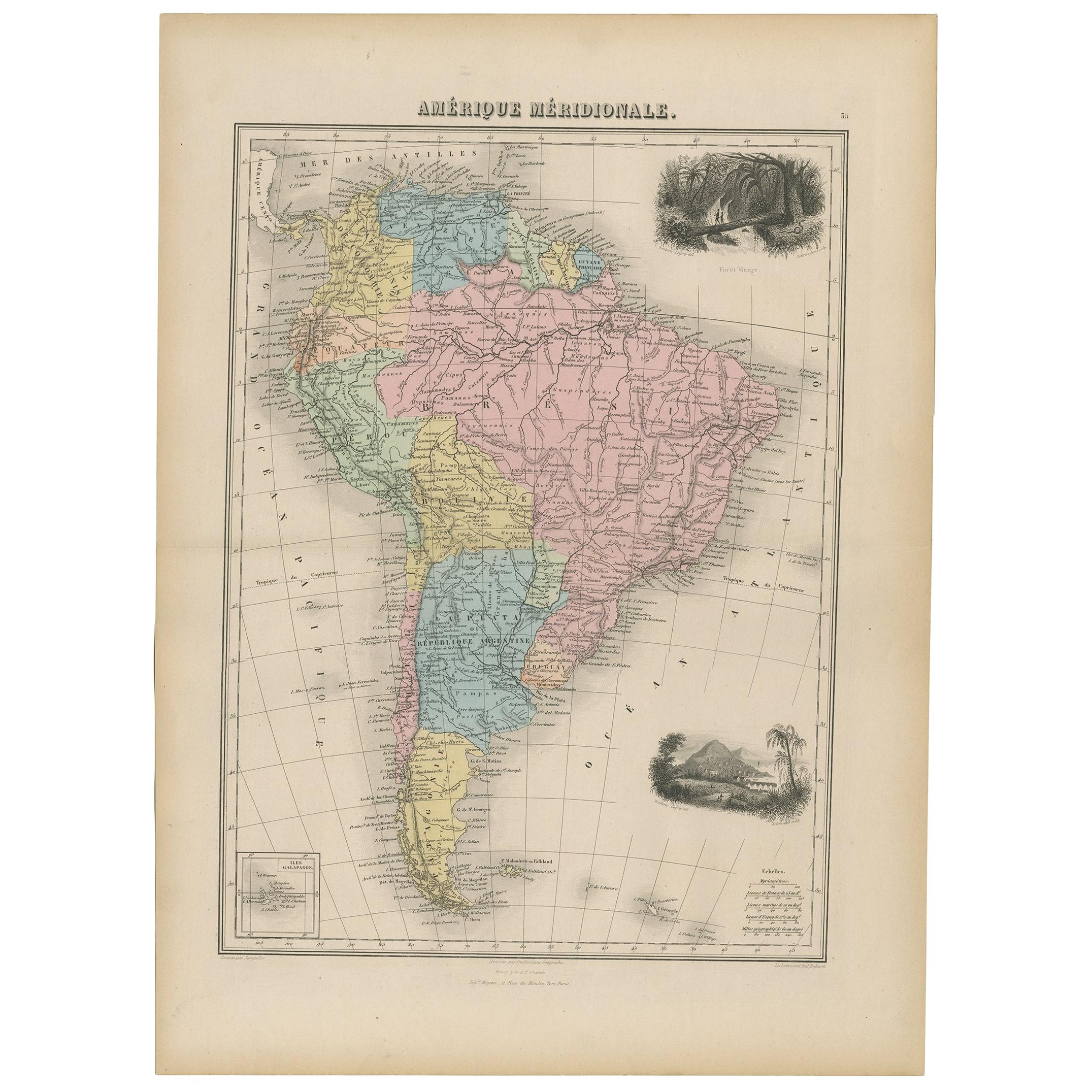 Antique Map of South America by Migeon '1880' For Sale