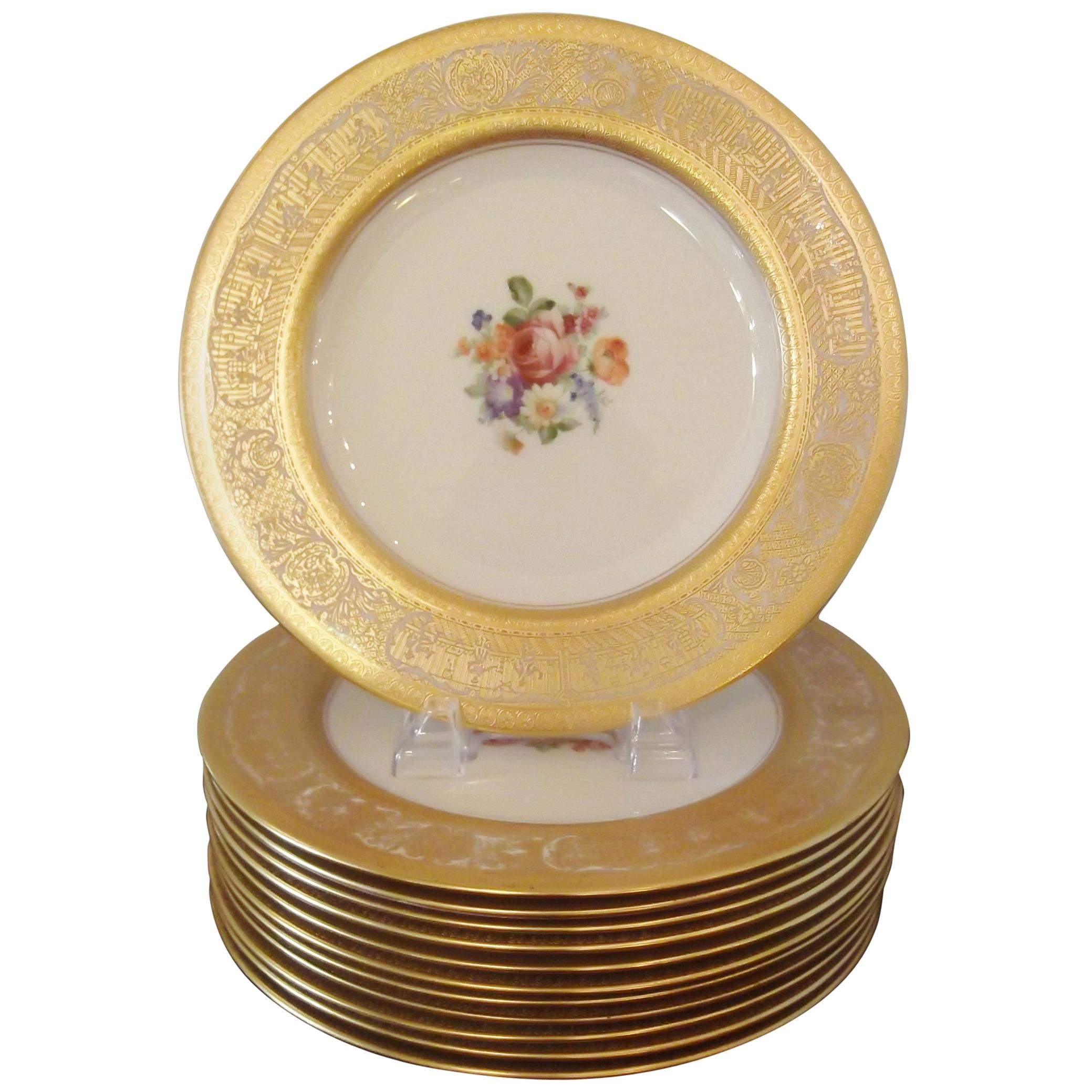 Elegant Set of 12 Gold Encrusted Floral Service Cabinet Plates