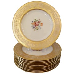 Antique Elegant Set of 12 Gold Encrusted Floral Service Cabinet Plates