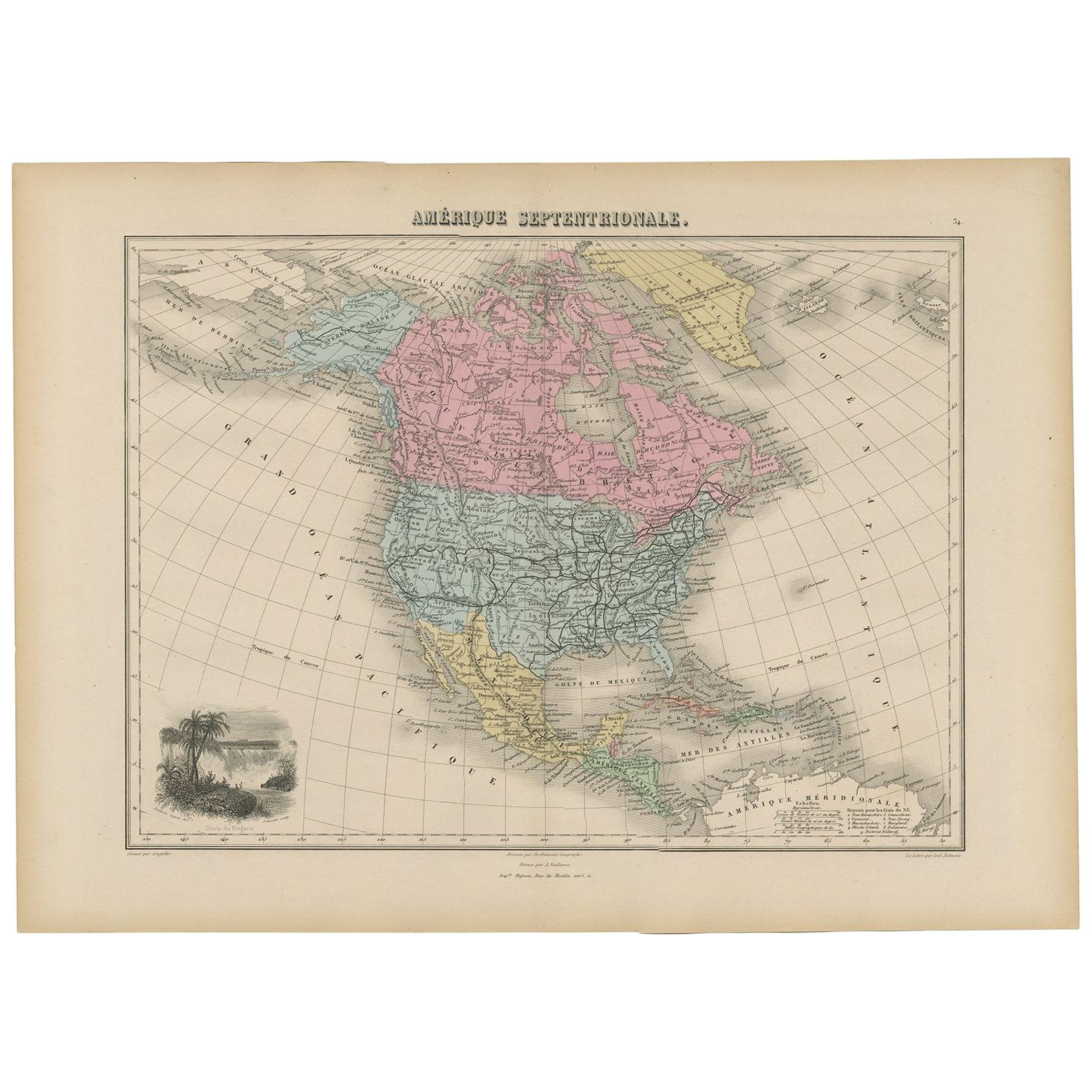 Antique Map of North and Central America by Migeon '1880' For Sale