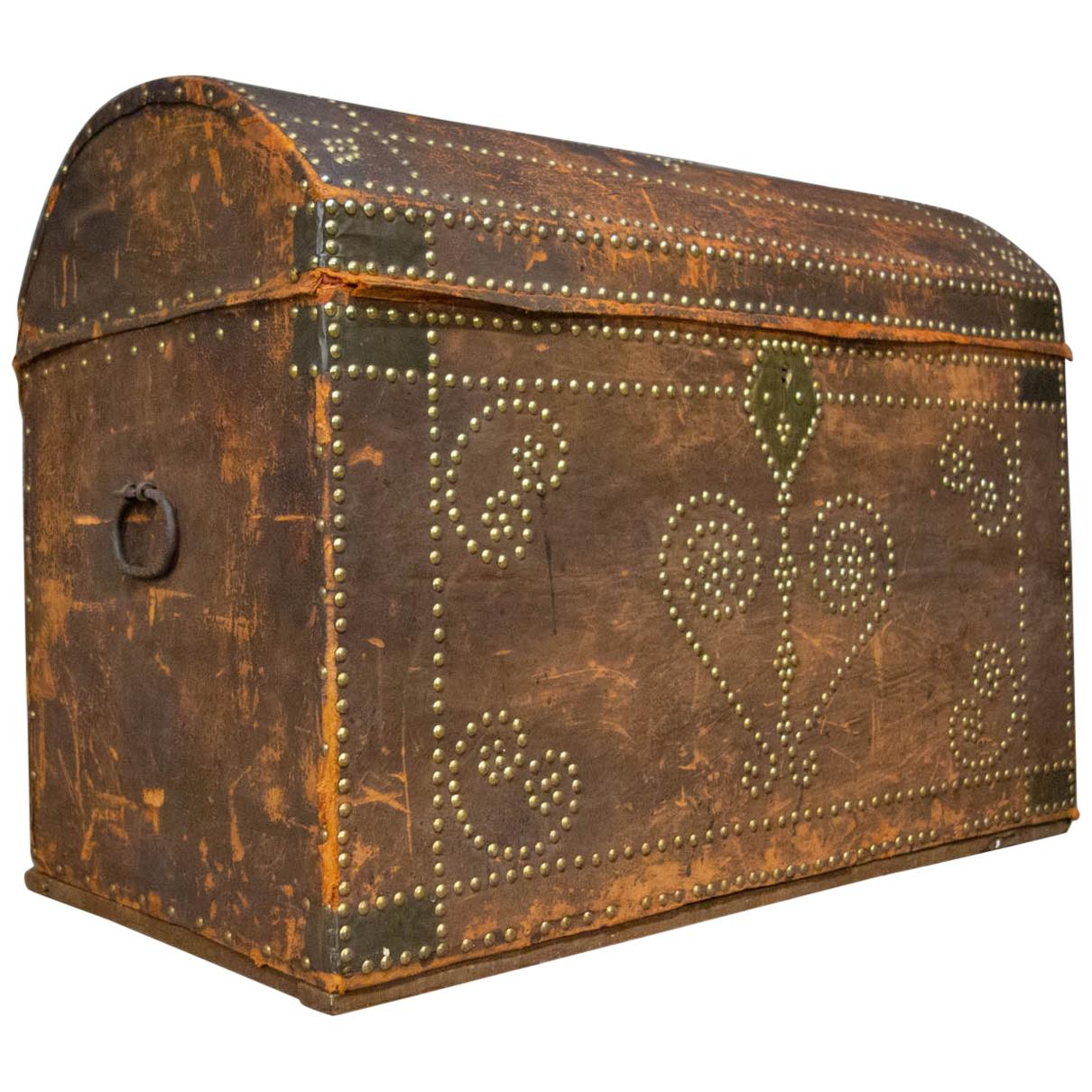 Antique Brown Leather Bridal Box from France, Early 1800 For Sale