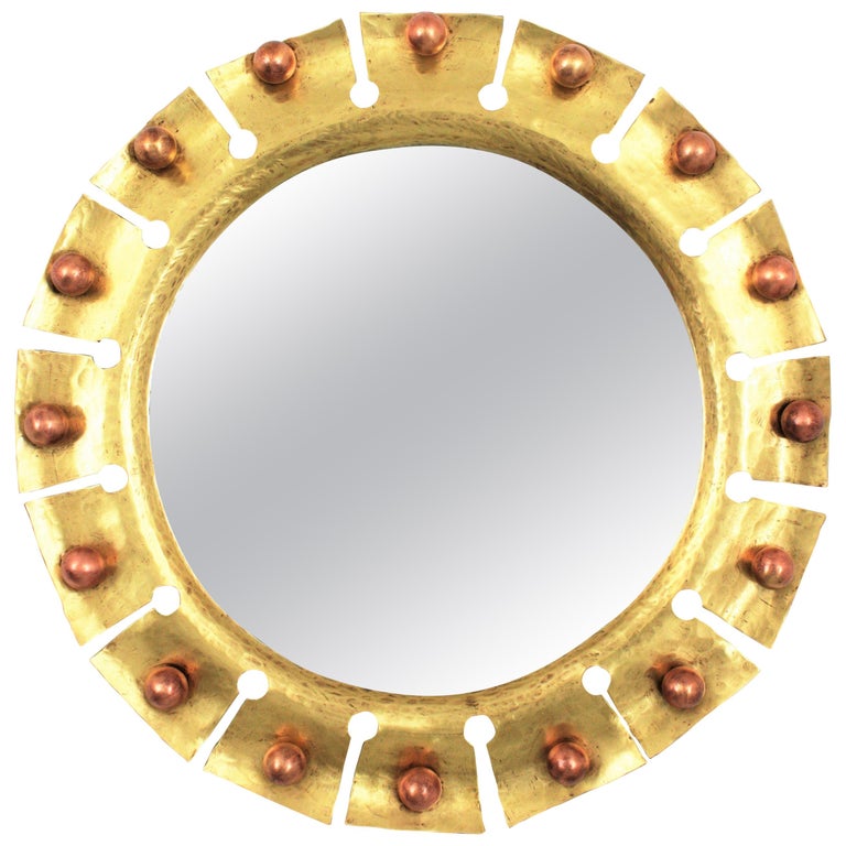 French Brass Round Sunburst Mirror With Copper Details
