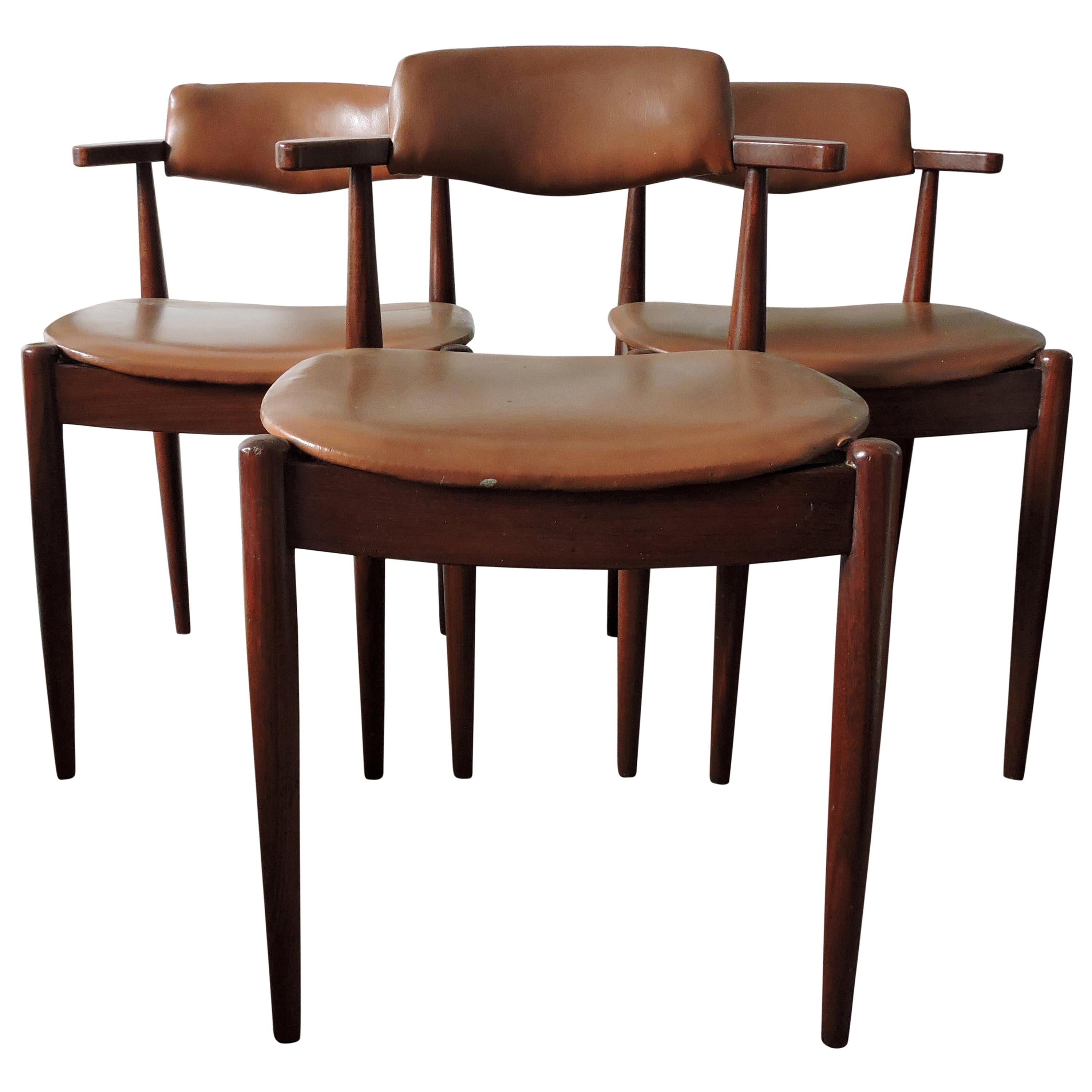 Midcentury Dark Teak and Faux Leather Upholstery Dining Chairs, Set of 3