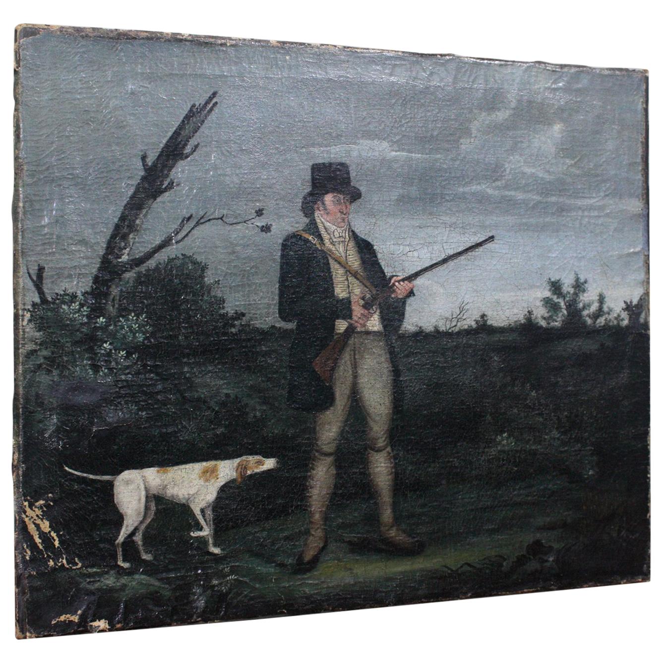 19th Century circa 1820 Oil on Canvas Georgian Hunter and Pointer Gun Dog