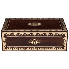 Antique Mahogany Writing Box Brass Leather Secret Compartment, 19th Century