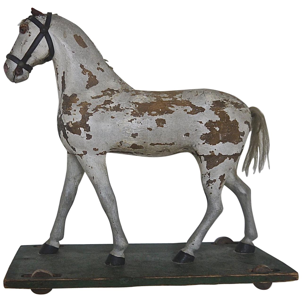  Painted Toy Wooden Horse on Wheels, Swedish 19th Century For Sale