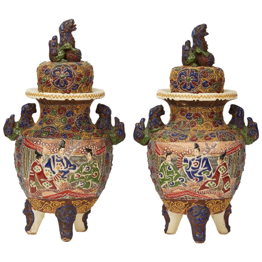 Pair of Antique Japanese Satsuma Meiji Moriage Lidded Pottery Koros Circa 1920