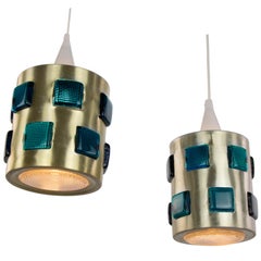 DRMG Midcentury Space Age Golden Aluminium and Glass Swedish pair Chandeliers