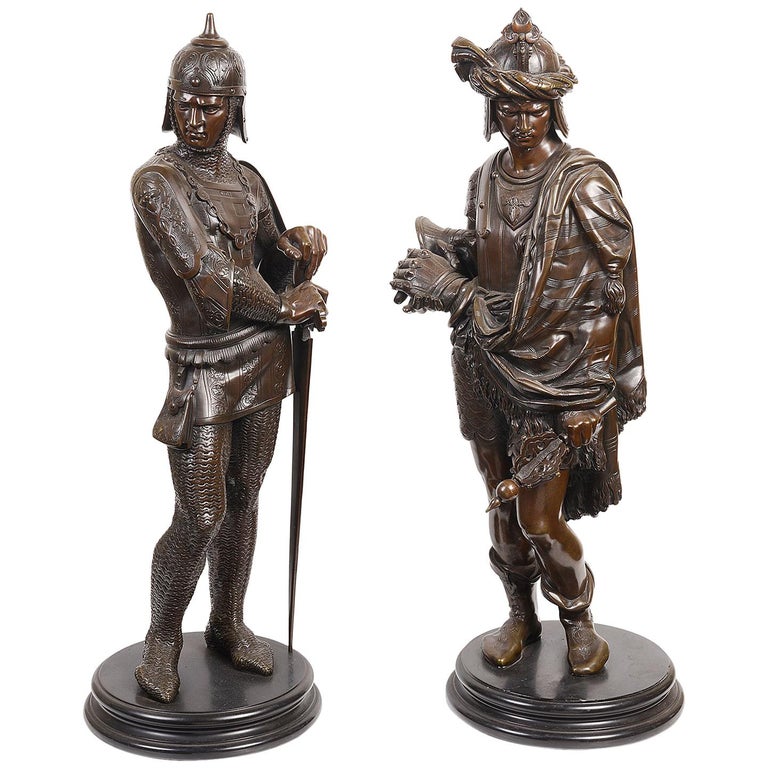 Pair of 19th Century French Bronze Statues of Knights For Sale