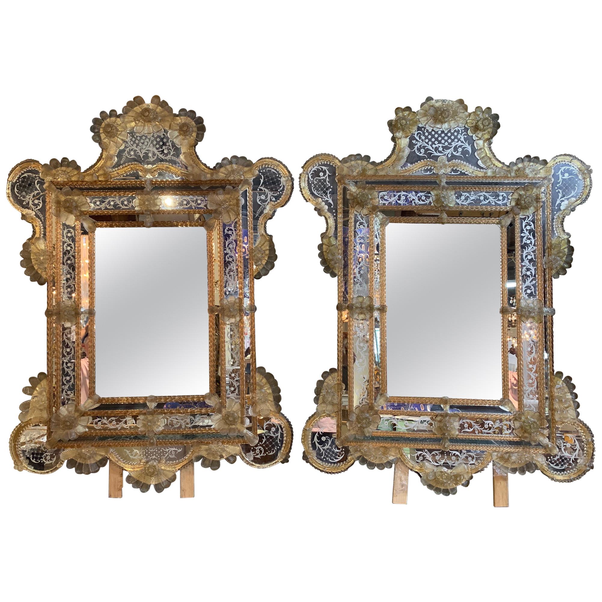 Pair of Venetian Gold Etched Mirrors