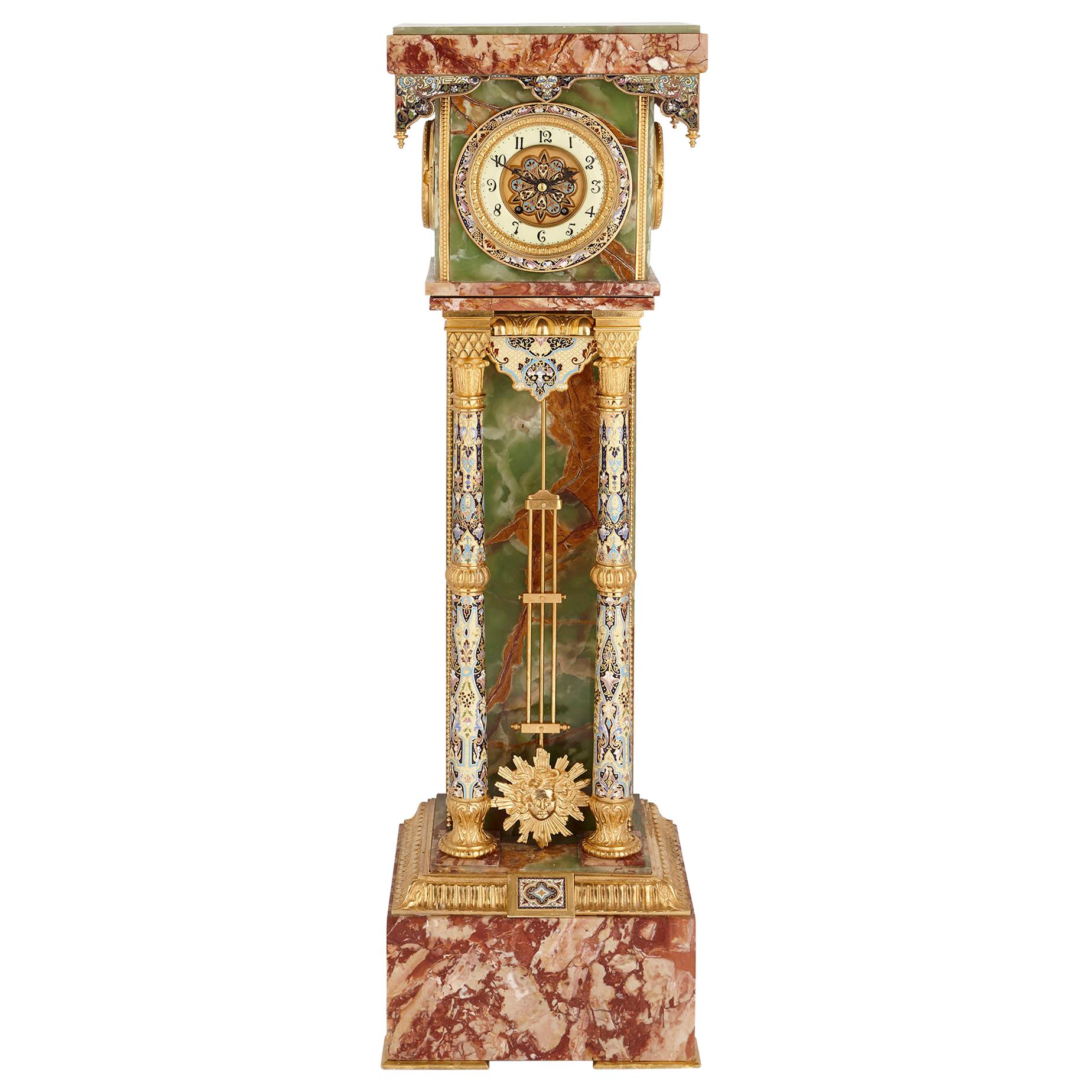 Onyx, Marble, Gilt Bronze and Champlevé Enamel Pedestal Clock