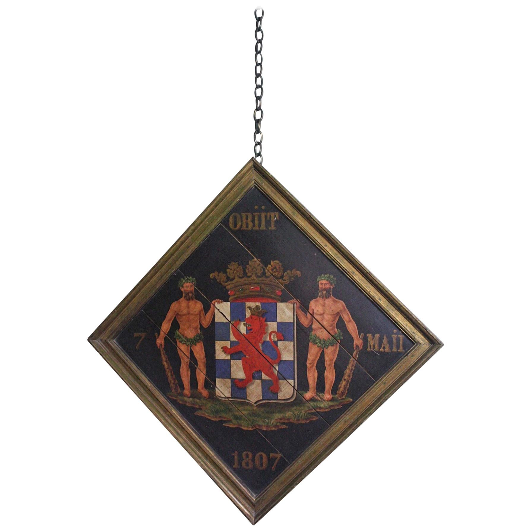 Early 19th Century French Oil on Board Hatchment Obituary Armorial Coat of Arms