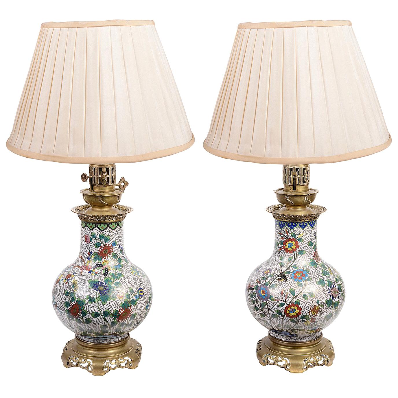 Pair of Oriental Style Enamel Lamps, 19th Century